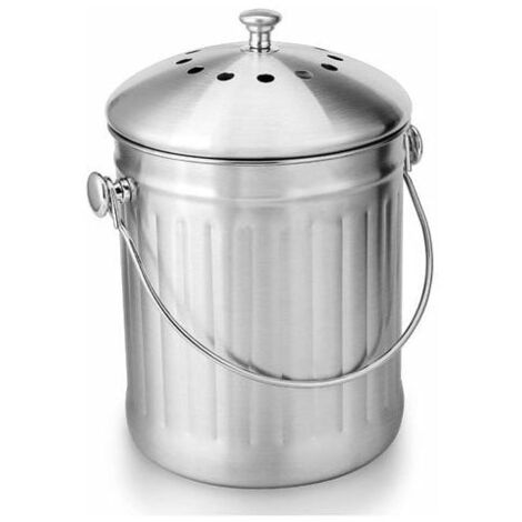 VURAHOME - Seau Compost Inodore en Acier Inoxydable pour Cuisine - Poubelle Compost Cuisine - Comprend Filtres à Charbon de Rechange (INOX Brillant, 5 litres) (1/5)