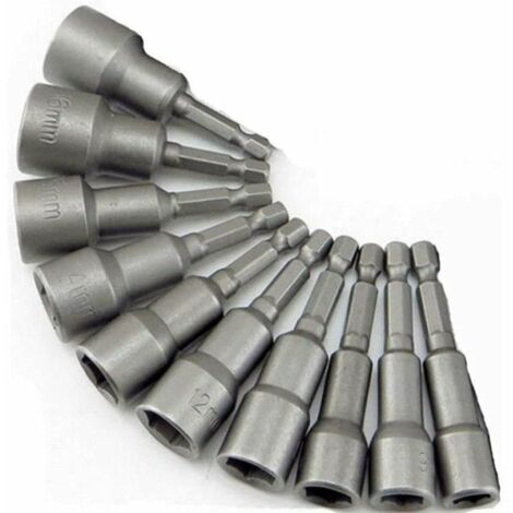 10 x Douille Magnétique pour Visseuse, Adaptateur Embout, Mandrin Pans Carré Hexagonal 6-19mm 1/4” Nut Driver Drill Bit