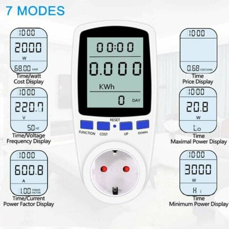 Compteur d'électricité, compteur de coût énergétique, compteur de consommation d'électricité, compteur d'électricité rétroéclairé pour prise Max 3680W/16A (1/5)
