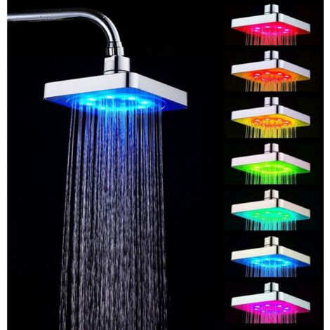 7 Couleurs Led Lumière Romantique Eau Maison Salle De Bain Douche Lumière Pommeau De Douche Pas De Piles Nécessaires, Douche Carrée Led À Changement De Couleur (1/4)