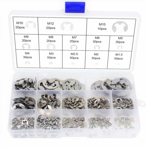 400Pcs 13Size En Acier Inoxydable E-Clip Anneau De Retenue Externe Snap Kit De Assortiment Anneau Anneau De Circlips Interne 1.5/2 / 2.5/3/4/5/6/7/8/9/10/12 / 15Mm Avec Boîte En Plastique (1/5)