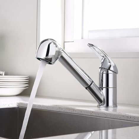 VURAHOME - Robinet Cuisine Douchette Extractible, Mitigeur Cuisine Peut Pivotant à 360° avec 2 Effets d'Eau, à Levier Unique Robinet Cuisine 2 Modes de Jet Adapté à l'Eau Chaude et Froide,Laiton Chrom (1/5)