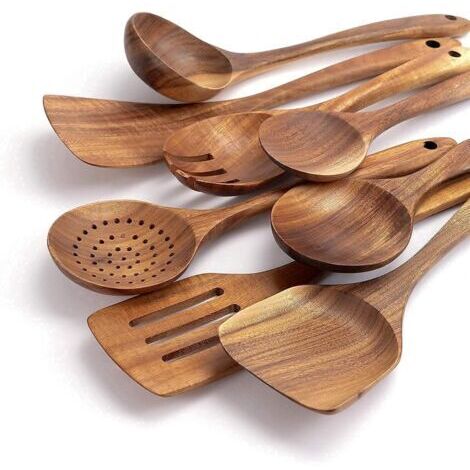 VURAHOME - Ustensiles de Cuisine Bois - Set de Cuisine Premium 8 Pièces - Ensemble d'Ustensiles en Bois de Teck Facile à Nettoyer - Matériau Léger, Résistant à la Chaleur, Durable & Anti-Rayures (1/5)