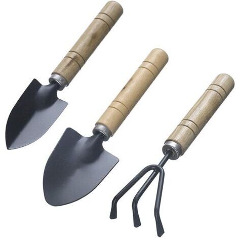 VURAHOME - Ensemble de 3 mini outils de jardinage, pelle, râteau, cadeau de jardin, petit râteau et pelle en bois pour plantes en pot pour plantes de jardin, intérieur et extérieur (1/4)