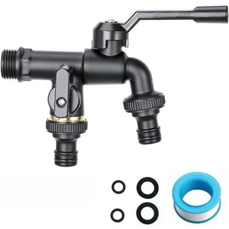 VURAHOME - Robinet Exterieur Double de Jardin en Laiton, Noire Robinet Entrée 1/2 avec 2 Sorties 3/4", Robinet de Jardin Double Sorties pour Jardin, Citerne de Pluie, Machine à Laver (1/4)
