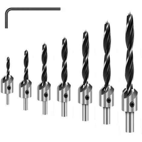 VURAHOME - Lot de 7 forets zingués, jeu de forets à chanfrein pour sculpture sur bois à trois pointes avec clé hexagonale, perceuse en acier rapide, alésoir de menuiserie réglable plaqué pour le brico (1/4)