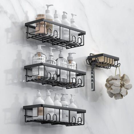 VURAHOME - 4 Pack Noir Rangement Salle de Bain, Etagere Salle de Bain, Etagere Douche Adhésifs, Rangement et Organisation avec Crochets, Douche sans Percage (1/4)