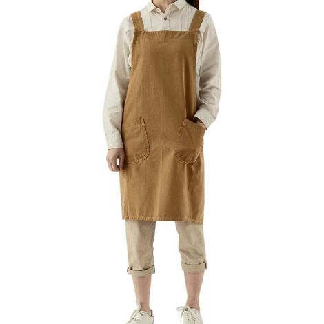 VURAHOME -Tablier de jardinage Tablier japonais en coton et lin croisé pour femme avec poches, robe chasuble à la mode pour le jardinage, la peinture, le nettoyage, la cuisine - Jaune-02 (1/5)