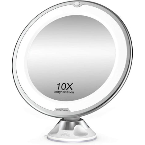 VURAHOME -Miroir de maquillage, grossissement 10X avec LED blanche lumière du jour, miroir de salle de bain éclairé portable, ventouse rotative et verrouillable à 360 degrés (1/5)