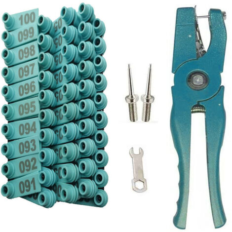 VURAHOME -Pinces d'étiquettes d'oreille pour animaux de bétail pour l'installation d'étiquettes d'oreille de bovins, moutons, porcs avec 100 étiquettes 2 pièces clé à broches (bleu) (1/5)