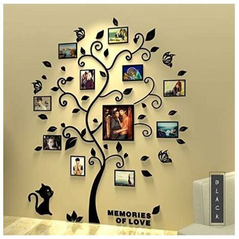 VURAHOME - Photo Stickers Autocollants Muraux Amovibles 3D Acrylique Arbre avec des Branches Incurvées et des Cadres de Photo(Feulles noires) (1/5)