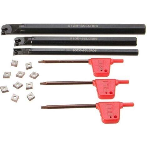 VURAHOME - Kit d'outils de tournage de tour à métaux 3 pièces S07K/ S10K/ S12M-SCLCR06 barres d'alésage 10 pièces CCMT0602 plaquettes en carbure 3 clés prune,de (1/4)