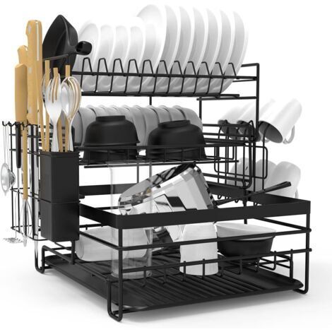 VURAHOME - Égouttoir à Vaisselle, Egouttoir à 3 Niveaux de Grande Capacité avec bac D'égouttage, Egouttoir à Vaisselle Amovible en Acier Inoxydable pour Comptoir (Noir)