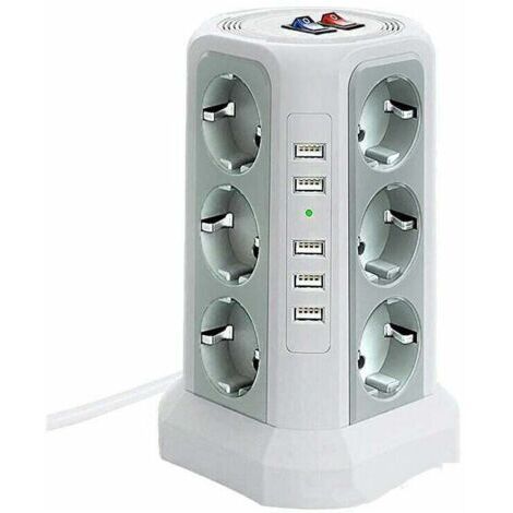 Tour multiprise parafoudre et surtension, Multiprise Electrique avec 5 Ports USB et 12 Prises, multiprise avec et 3 Interrupteurs, Blanc (1/4)