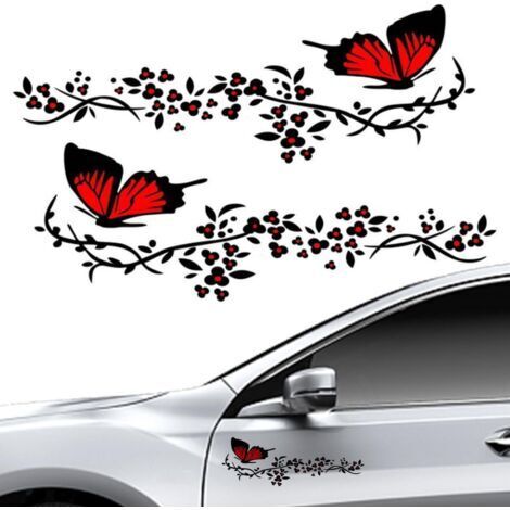 2 Pcs Autocollant Voiture, Stickers pour Voiture Avec Motif Papillons et Fleurs,Stickers Personnalisé pour Capot Couverture de Voiture,Moto,Planches à Roulettes,Valises,Murs(Rouge et Noir)