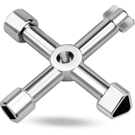 4 Voies Clé Utilitaires Multifonction à Quatre Voies Multifonctions Cross Triangle Key Cle Armoire Electrique Universelle 4 en 1 pour Ascenseurs, Armoires Electriques, Vannes (Argent) (1/4)