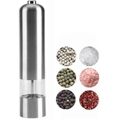 Moulin à Poivre Électriques, Moulin à Sel en Acier Inoxydable, Broyeur à Épices Automatique, Moulins Electrique Inox Brossé Réglable Rugosités avec LED(Piles Non Comprises) (1/4)