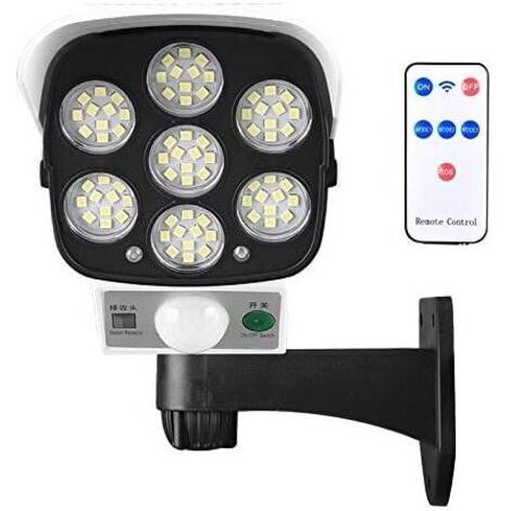 Lampe solaire d'extérieur avec détecteur de mouvement sans fil et caméra de sécurité factice IP66 étanche 77 LED lampe murale spot pour cour, jardin, terrasse, garage, allée,-- (1/5)