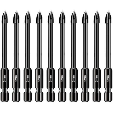Lot de 10 forets de 6 mm pour carrelage et verre, Tige hexagonale 1/4 en carbure de tungstène, Outil de perçage pour porcelaine, céramique, miroirs, béton, mur de brique, verre (1/4)