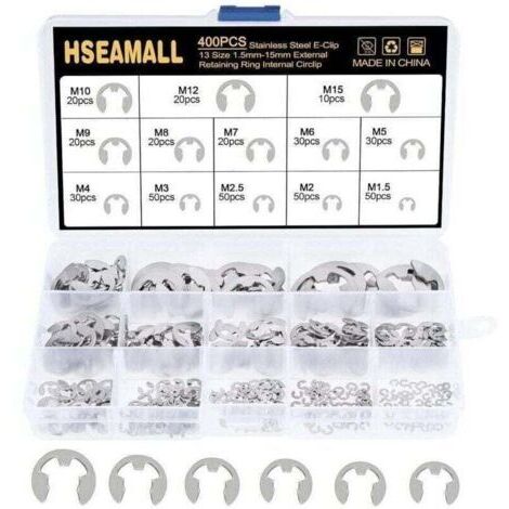 400PCS 13Size En Acier Inoxydable E-Clip Anneau De Retenue Externe Snap Kit De Assortiment Anneau Anneau De Circlips Interne 1.5 / 2 / 2.5 / 3/4/5/6/7/8/9/10/12 / 15mm Avec Boîte En Plastique, (1/5)