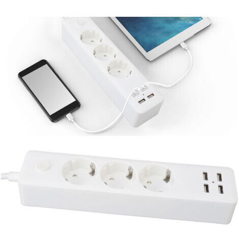 Barre d'alimentation européenne 3 prises 2200W 4 ports USB Cordon de 5,9ft Barre d'alimentation universelle avec interrupteur pour la maison, le voyage et le bureau-- (1/5)
