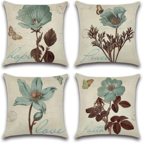 Lot de 4 - Taies d'oreiller Polyester Lin Taies d'oreiller Housse de Coussin Décoration pour Chambre Lit Voiture De La Maison Canapé 45 x 45 cm (Fleurs A) (1/5)