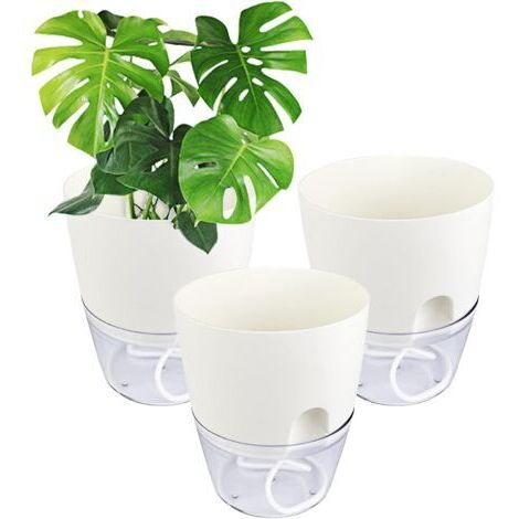 3 pièces Pots de Fleurs Blanc 15.3cm Largeur, Automatique avec Système D'arrosage Automatique, D'Arrosage Automatique Transparent avec Système de Mèche aux Balcon, Intérieurs (1/5)
