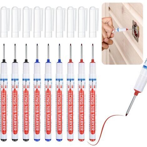 9 Pièces Marqueurs Trou Profond, Stylo Marqueur Charpentier, Marqueur Indélébile à Pointe Fine de 20 mm, Crayon de Charpentier pour Bois Mur Métal Béton Carrelage Plastique - Noir/Bleu/Rouge (1/5)