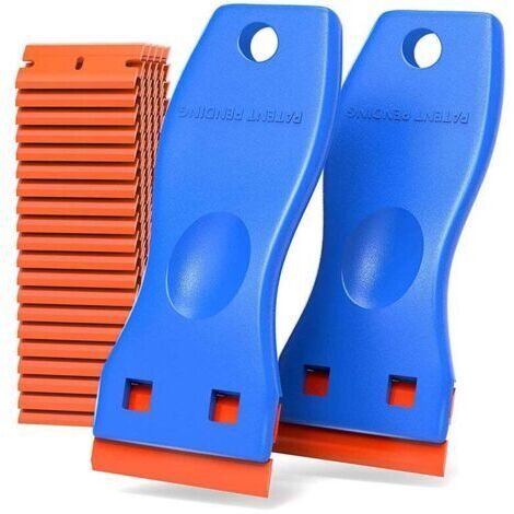 Grattoir en plastique anti-rayures, 2 grattoirs bleus + 100 lames, jeu de grattoirs dissolvant de colle (1/5)