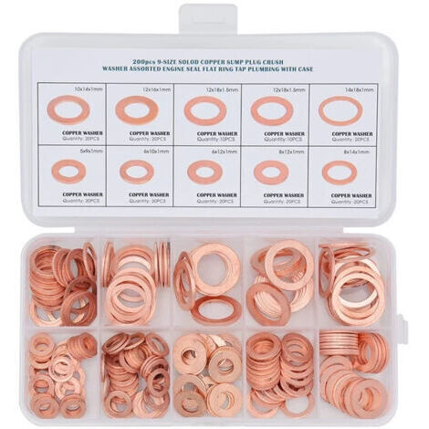 200Pcs Rondelles en Cuivre Assortiment Kit, 9 Tailles, M5 à M14, Assortiment de Joint Rondelle Plate en Laiton, pour Bagues d'Étanchéité et Joint de Bouchon de Vidange