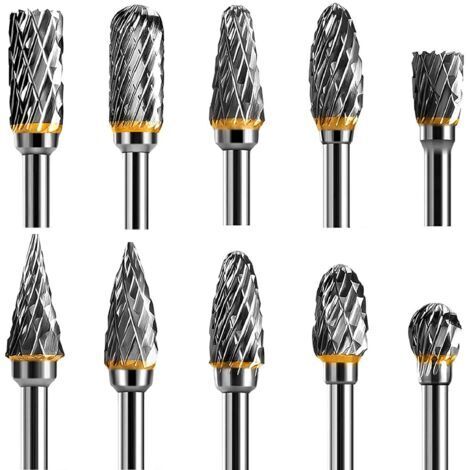 Jeu de Fraises Rotatives Acier Carbure de Tungstène Double Tranchant pour Outil rotatif, 10 pièces Tige 1/8” pour Bricolage, Sculpture sur bois, Polissage métaux, Gravure, Perçage (1/5)