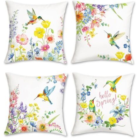 Housse de Coussin Printemps Fleurs 45 x 45 cm Colibris Fleurs Colorées Décoratif Taie d'oreiller pour Canapé Salon Chambre Chaise Jardin Maison Décoration 4 Pièces (1/5)
