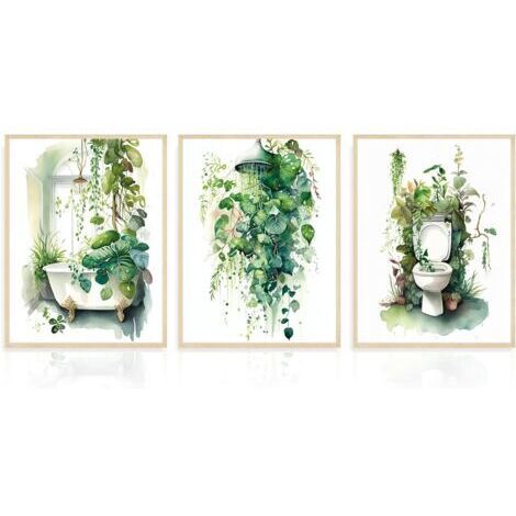 Ensemble de 3 Posters Décoratifs pour Salle de Bain à Motif de Feuilles Tropicales Vert Sauge, Imprimés pour la Décoration de Salle de Bain ou Buanderie 30x40 cm Sans Cadre (1/5)