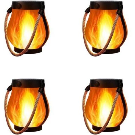 Quatre lanternes à flamme solaire, lumières d'extérieur dansantes, suspension par corde, étanches, chargement USB, idéales pour la décoration du jardin et de la terrasse.