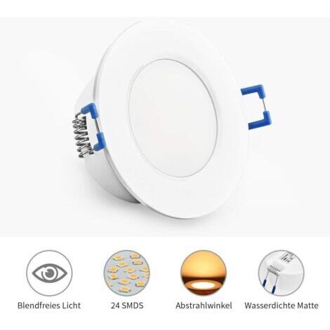 Juego de luces LED empotrables de techo, 5W, 230V, 3000K, 500 lúmenes, lámpara de techo empotrable plana ultradelgada, resistente al agua, IP44 para baño, cocina, dormitorio, etc. (blanco, redondo) (1/4)
