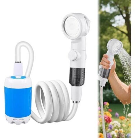 Kit de douche de camping portable, pompe de douche électrique rechargeable avec pommeau de douche, vanne d'arrêt et batterie intégrée de 5000 mAh pour le camping et la randonnée.