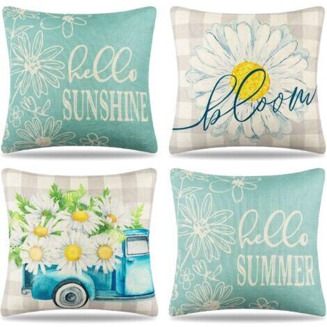 Housse Coussin 45x45 Lot de 4 Bleu Moderne Décoratif Lin Taie d'oreiller Été Printemps Fleurs Housses de Coussin Jardin Marguerites Housse Coussin pour Canapé Salon Chambre Chaise Maison Décora (1/5)