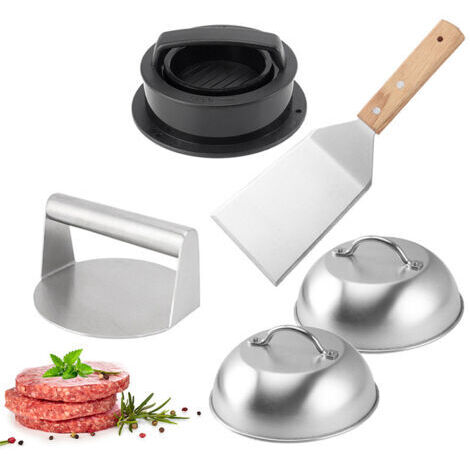 Presse à hamburgers en acier inoxydable, ensemble de grillades en métal avec manche en bois, compatible lave-vaisselle, pour cuire des steaks hachés, écraser la viande et faire fondre le fromage (1/5)