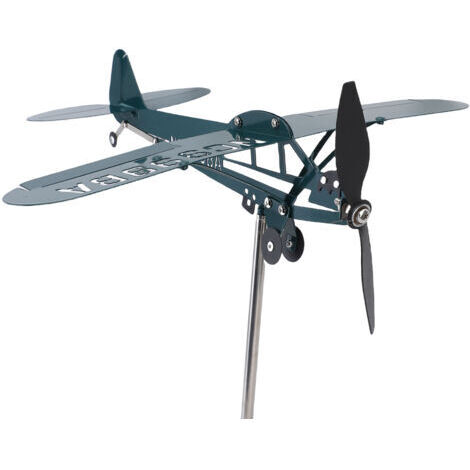 Girouette décorative en fer forgé vert foncé, représentant un avion et un moulin à vent, idéale pour décorer un jardin, une terrasse, une clôture ou un garage (1/5)