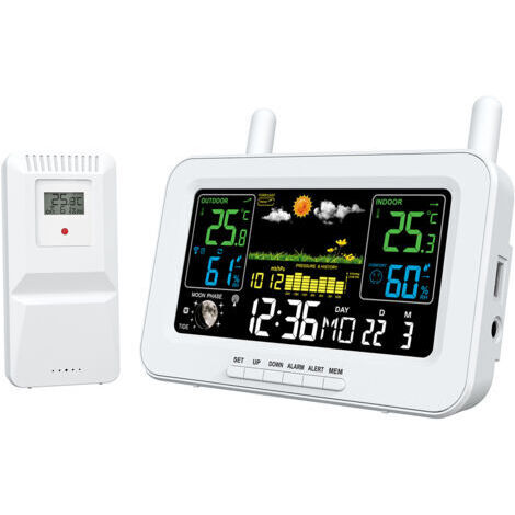 Température et humidité intérieures et extérieures Réveil électronique LCD avec fonction snooze/fonction rétroéclairage Blanc 220V (1/5)