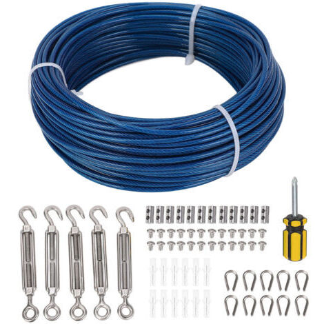 Kit de tendeur pour câble en acier gainé plastique bleu de 30 m (100 pi), kit de treillis en fil de 3 mm pour étendoir à linge, clôture pour plantes, guirlande lumineuse, etc. (1/5)
