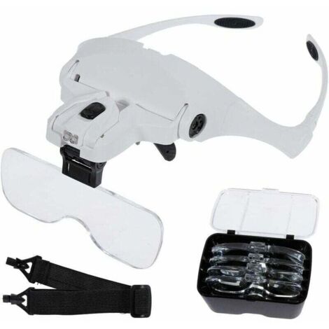 phe Lunette de Loupe 2 Lumières LED 5 Lentilles Lunettes Grossissantes Ajustable,Interchangeable,1.0X,1.5X,2.0X,2.5X,3.5X Tissu Nettoyage Pour Travaux,Réparations Electronique,Artisanat,Lecture,215150 (1/5)