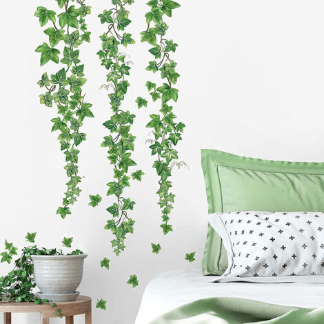 Autocollants muraux de vigne suspendue verte, 2 photos, feuille de lierre, plante, décoration murale, chambre à coucher, salon, bureau (1/5)
