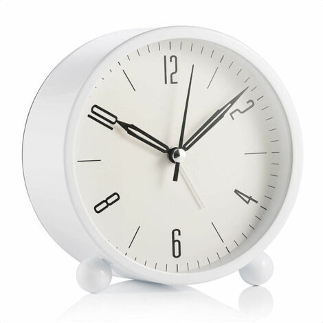 Réveil rond sans coutil, à piles et fonction d'éclairage, réveil super silencieux, design simple et élégant pour bureau / chambre à coucher, blanc (1/5)