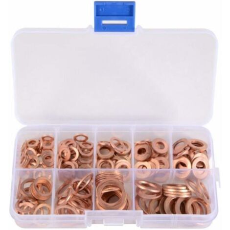 200 Pcs Metal Cuivre Plates Rondelles Assortiment de Rondelles Métal Kit Plate Bagues D'étanchéité en Cuivre Idéal pour les Bouchons de Vidange L'eau le Carburant et les Raccords Hydrauliques (1/5)