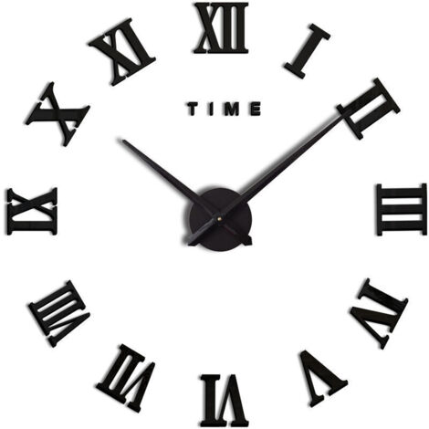 Moderne DIY Grande Horloge Murale Chiffre Romain Grande Montre 3D Autocollant Horloge Murale Montre Home Office Décor Amovible (Batterie Non Incluse) Noir (1/5)