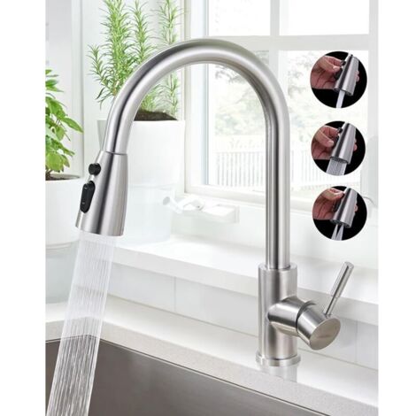 Robinet de Cuisine avec Douchette Extractible, Bec Haut Pivotant à 360°, 2 Modes de Jet, Mitig Monocommande Haute Pression Robinet Évier Cuisine Extensible, Acier Inoxydable (1/5)