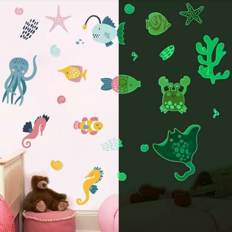 Autocollant phosphorescent thème de l’océan, Dessin Animé Mignon Mer Autocollant Enfants Plafond, Stickers Salle de Bain, Fluorescent Ocean Deco Chambre Bébé Garçon, Mer Animaux 30x20cm (1/5)