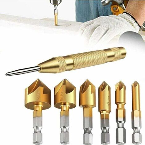 Forets Chanfrein,Fraises à Surfacer,Tête à Chanfreiner Outils, 6 PCS 1/4 '' Hex Shank HSS 5 90 Degree Poinonner pour Bois Quick Change (1/5)