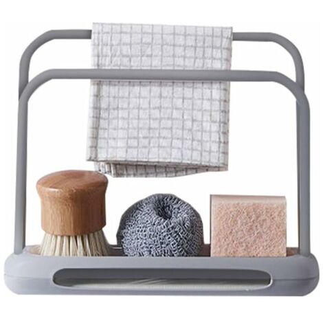 Organis d'évier de cuisine télescopique, support pour chiffons, double couche, réglable, porte-savon, égouttoir à éponge en acier (gris) (1/4)